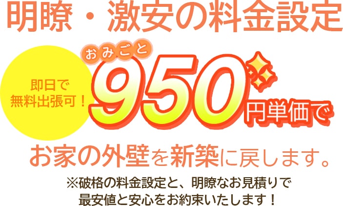 明瞭・激安の料金設定｜あらゆるリフォームが単価950円（税抜）というの料金設定と、明瞭なお見積りで最安値と安心をお約束いたします！