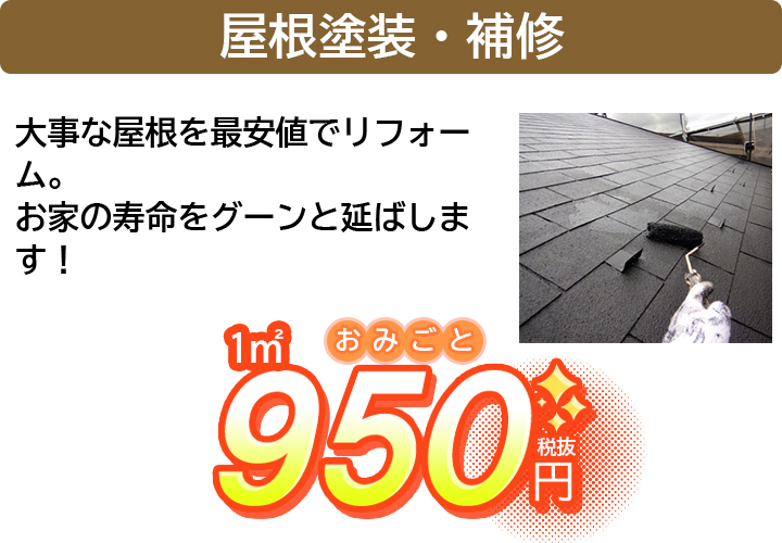 屋根塗装・補修｜大事な屋根を最安値でリフォーム。お家の寿命をグーンと延ばします！｜1㎡ 950円（税抜）